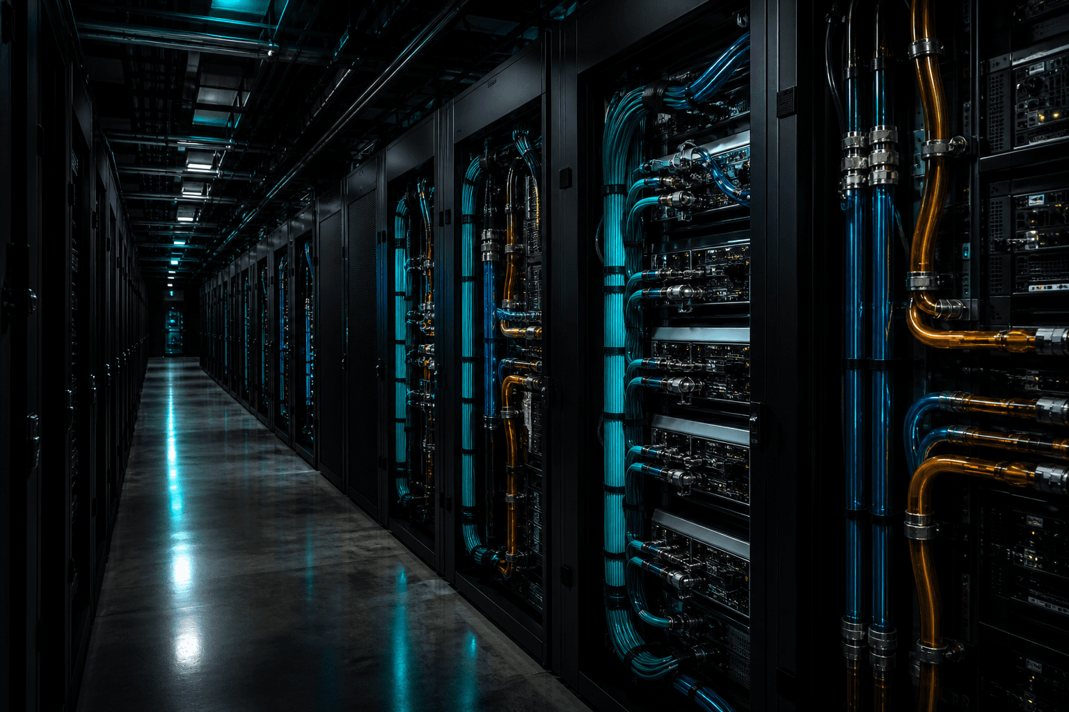 Dark server rack aisle with teal fiber and color-coded coolant lines